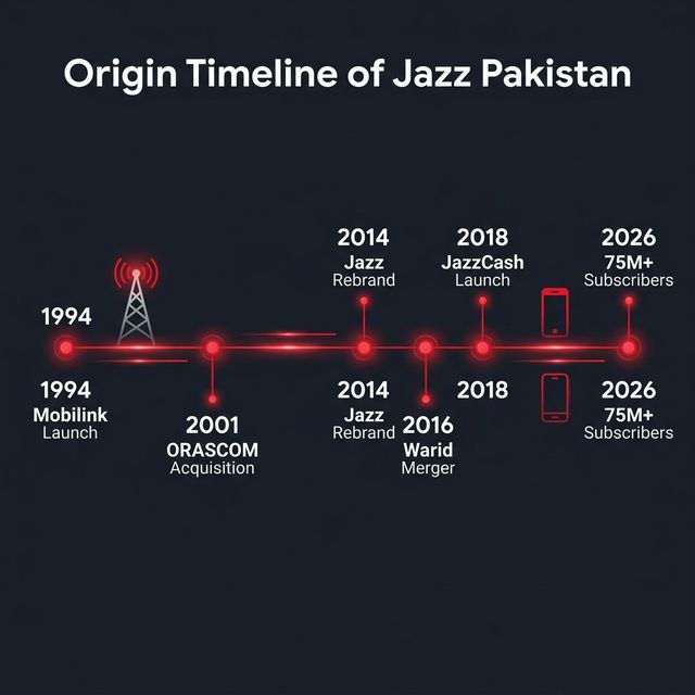 Jazz Pakistan Origin Timeline Infographic — From Mobilink 1994 to Jazz 2026
