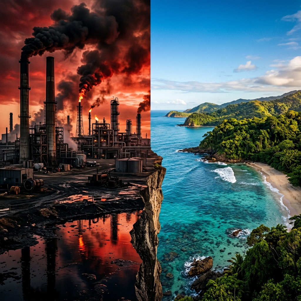 Environmental impact contrast showing industrial emissions versus natural preservation