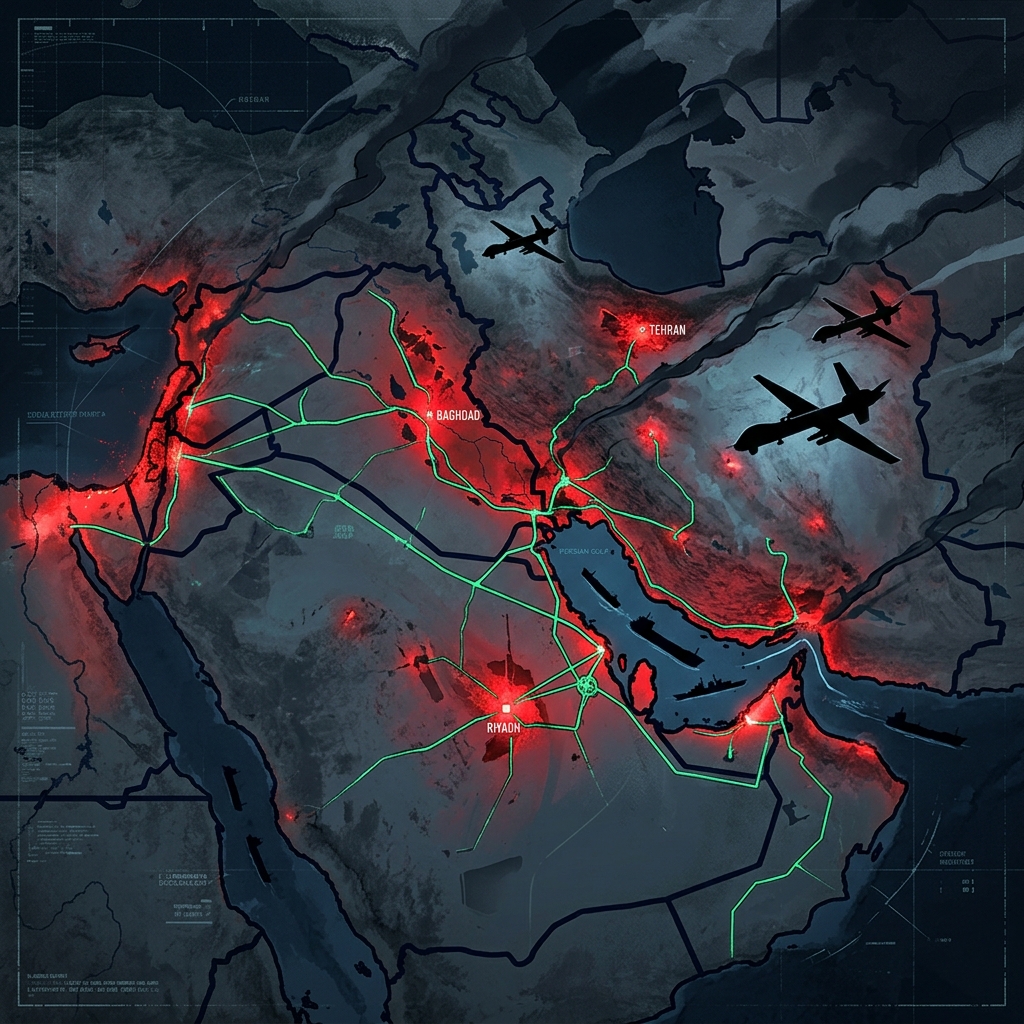 Middle East geopolitical map showing oil routes and conflict zones