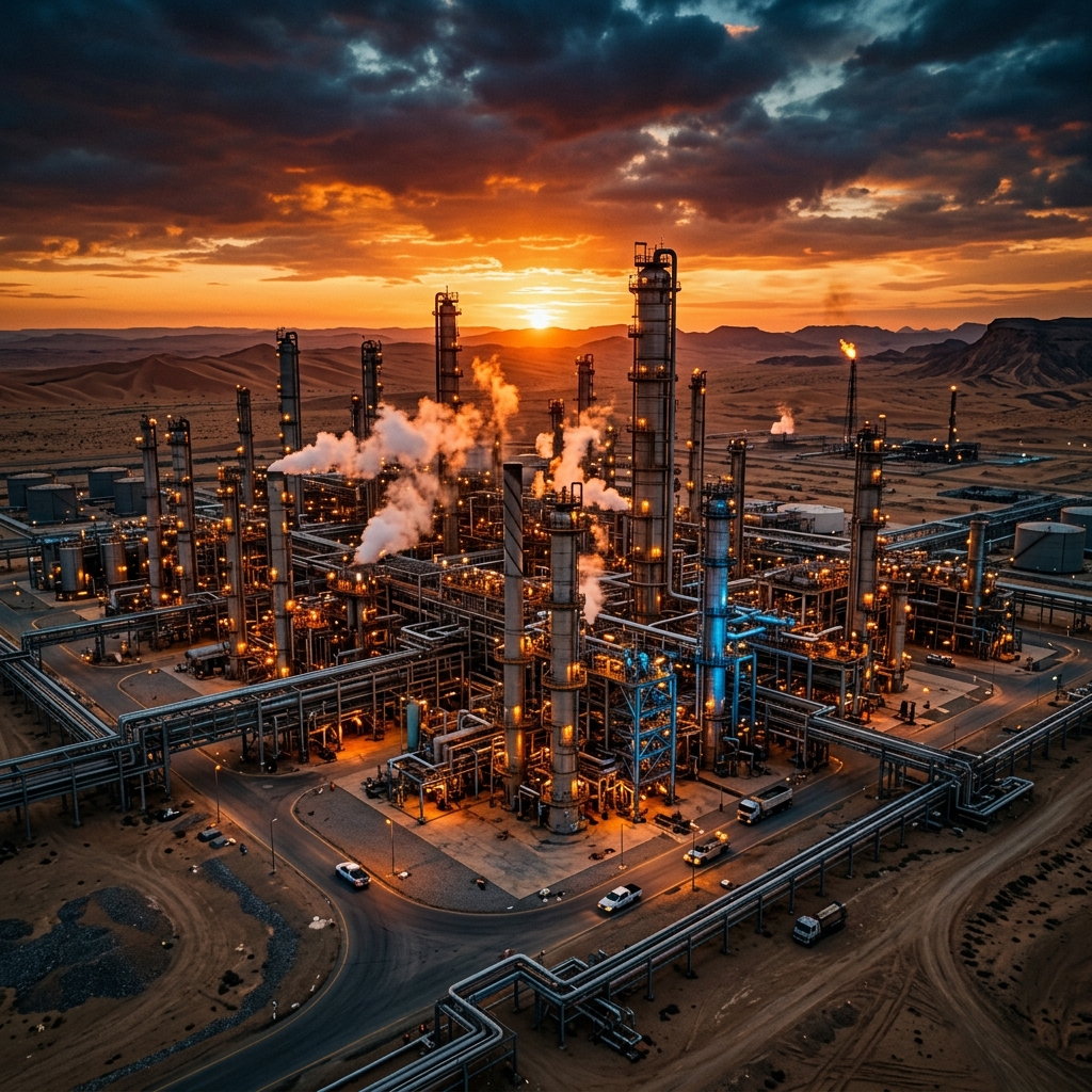 Saudi Aramco oil refinery at golden hour showing massive industrial infrastructure