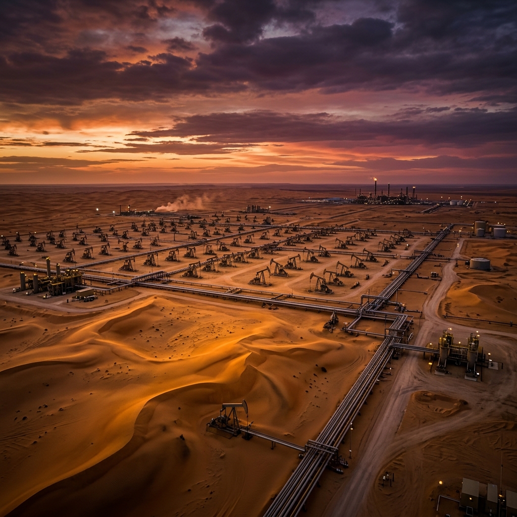 Saudi Aramco oil fields stretching across the Arabian desert landscape