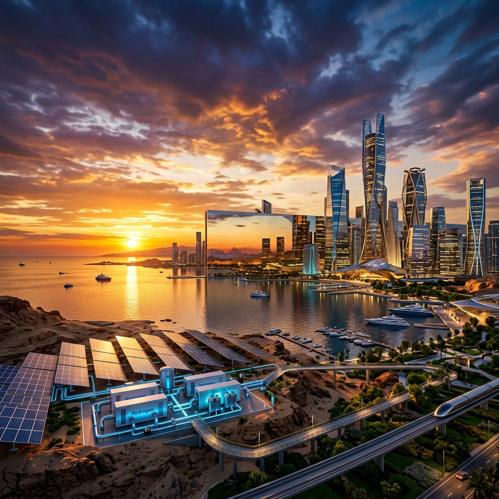 Saudi Vision 2030 futuristic city concept with NEOM and renewable energy