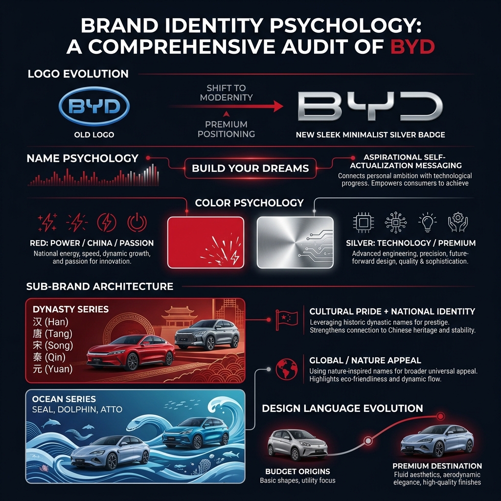 BYD brand identity psychology analysis showing logo evolution, dynasty naming strategy, color psychology, and sub-brand architecture