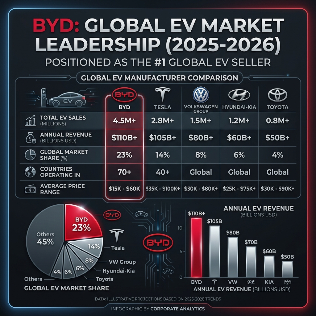 BYD competitive positioning showing market share comparison against Tesla, Volkswagen, Hyundai-Kia, and Toyota in global EV market