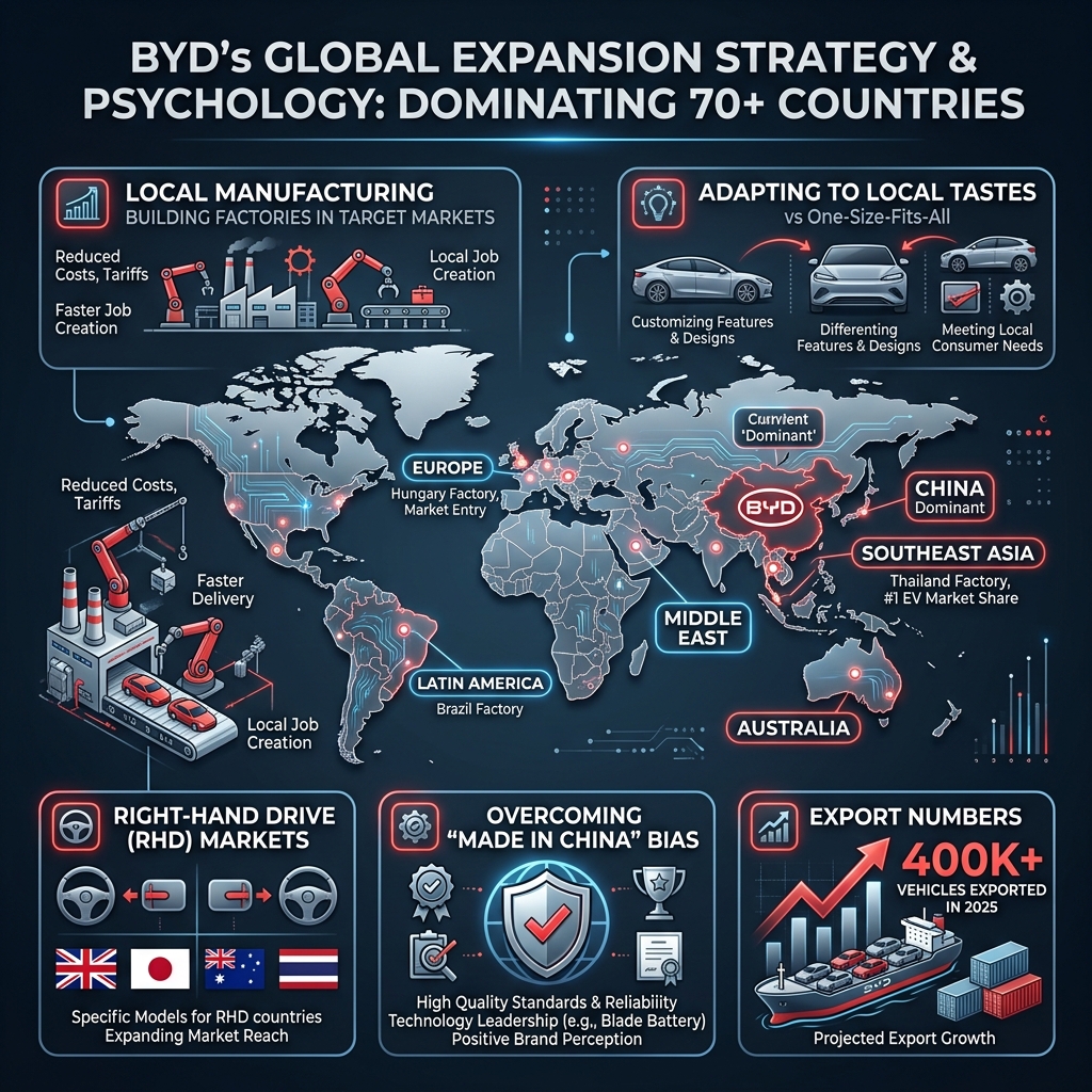 BYD global expansion strategy showing presence in 70+ countries with factories in Thailand, Brazil, Hungary, and growing market share worldwide