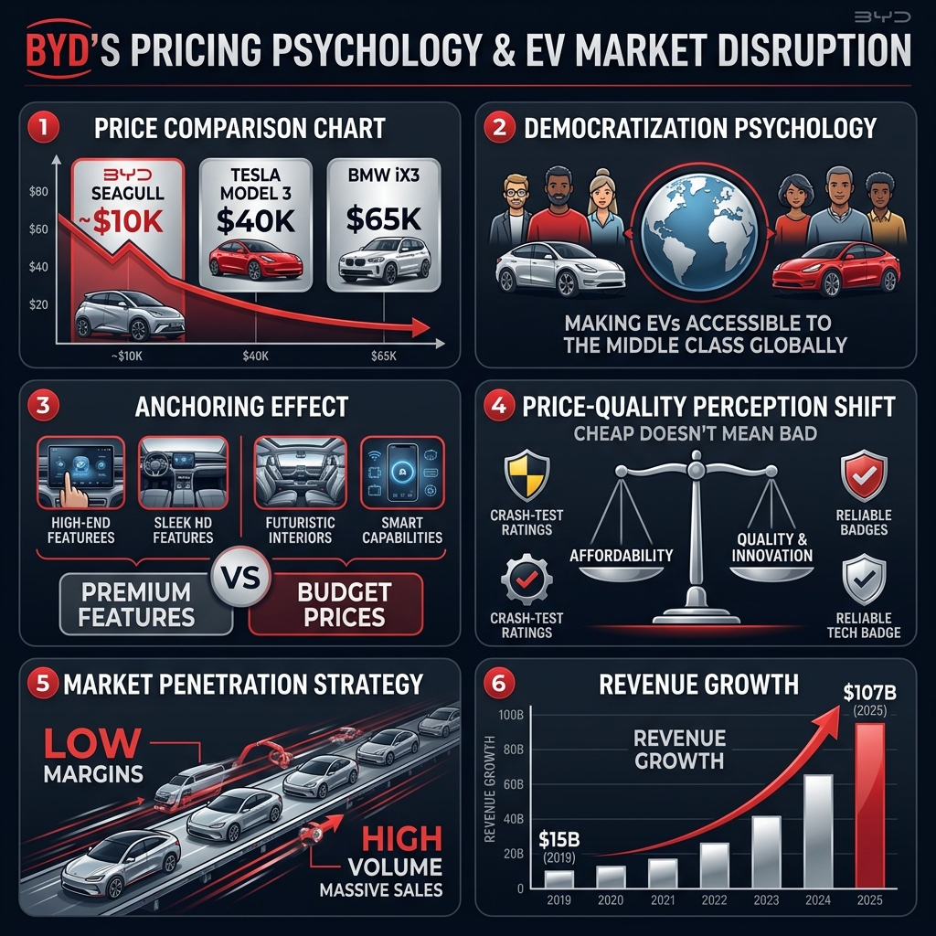 BYD pricing psychology infographic showing price disruption strategy, value positioning, and comparison with Tesla and traditional automakers