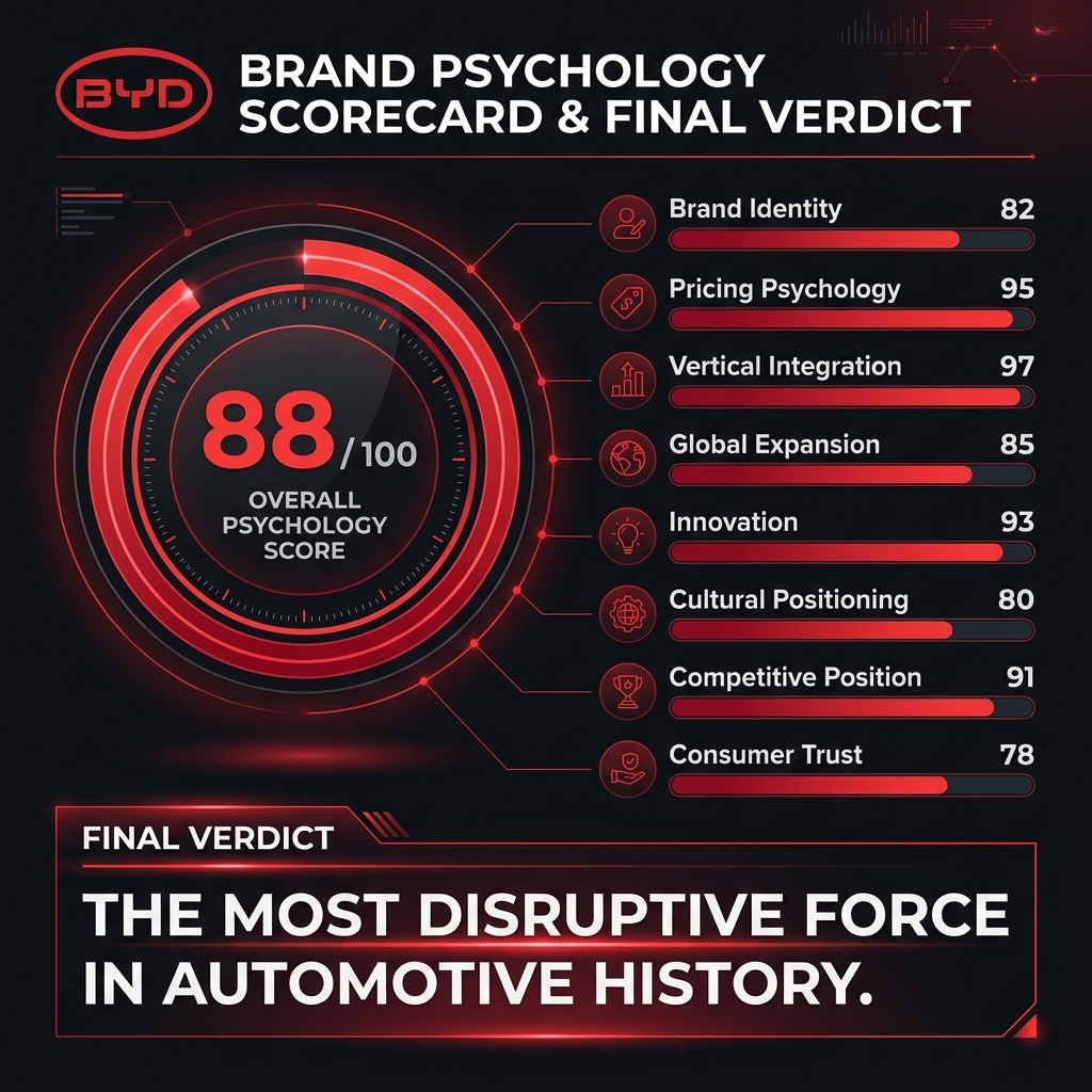 BYD brand psychology scorecard showing overall score of 88/100 with detailed category breakdowns including vertical integration at 97 and pricing psychology at 95