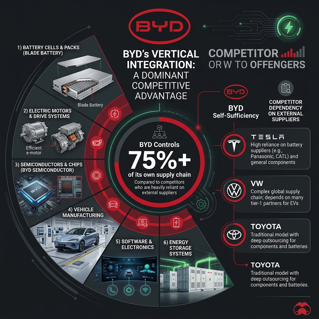 BYD vertical integration strategy infographic showing complete supply chain control from batteries to semiconductors to vehicles