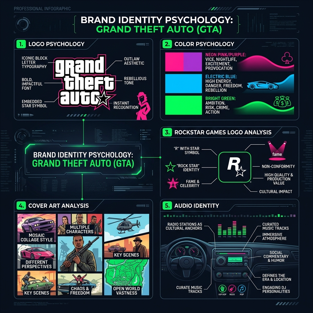 GTA brand identity psychology analysis showing logo design, color psychology, Rockstar Games branding, and visual language