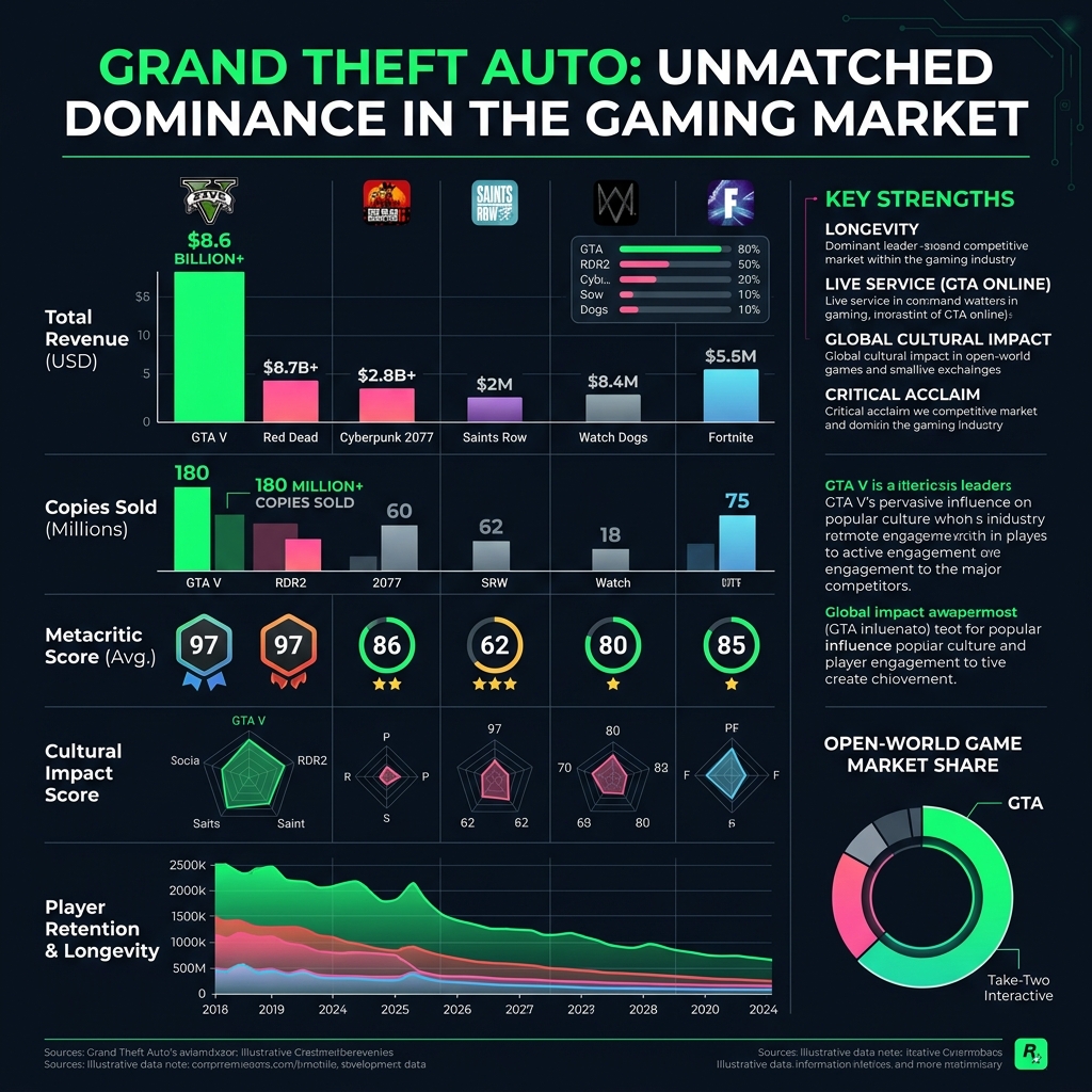 GTA competitive positioning analysis showing revenue, sales, and cultural impact comparison against major open-world competitors