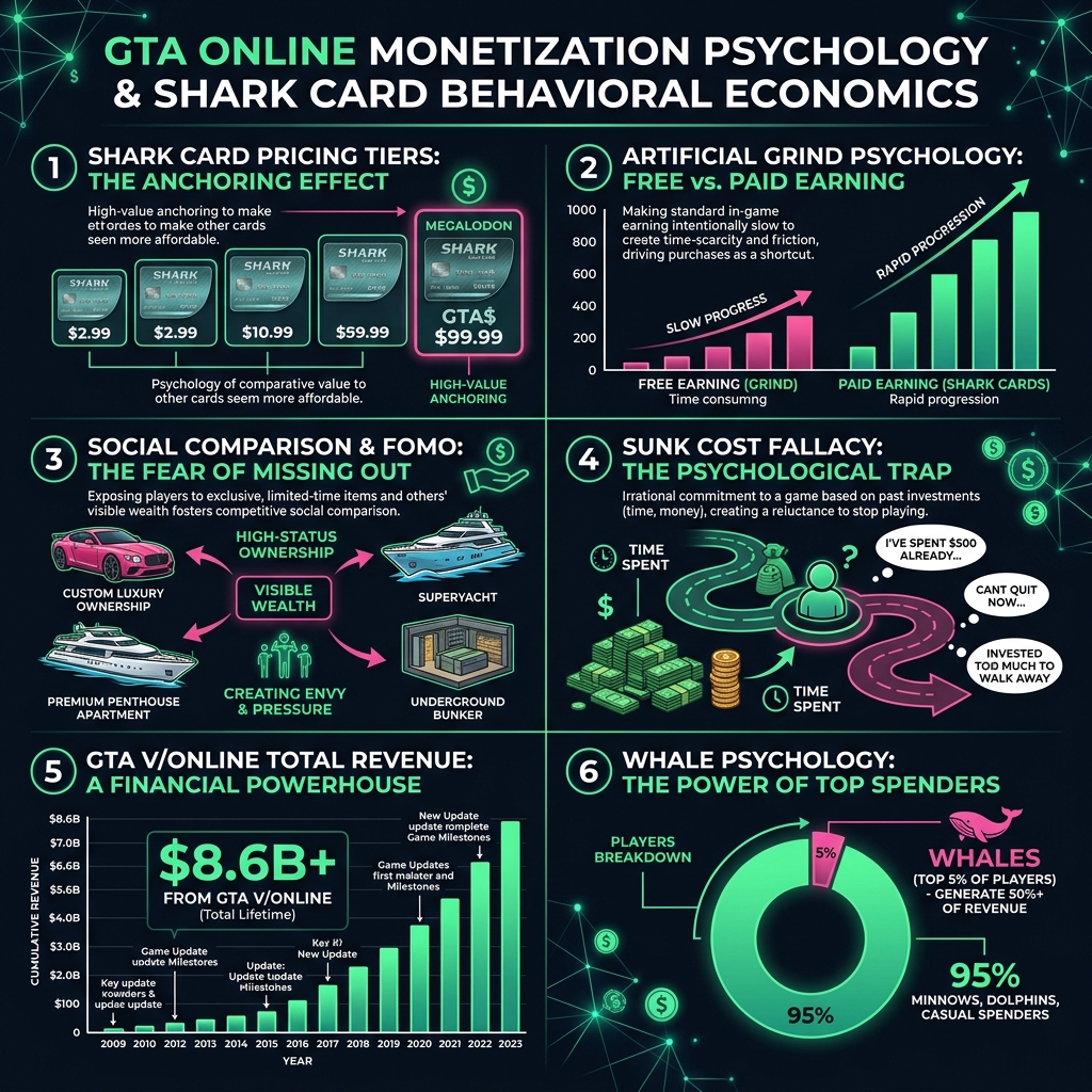 GTA Online monetization psychology infographic showing Shark Card pricing tiers, variable ratio reinforcement, sunk cost fallacy, and whale economics