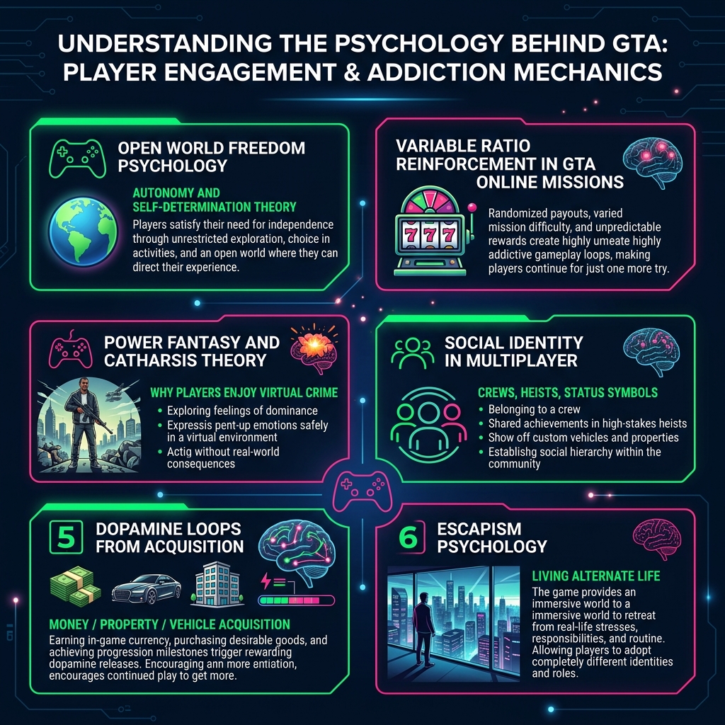 GTA player psychology analysis showing power fantasy, autonomy psychology, dopamine loops, and behavioral addiction mechanics
