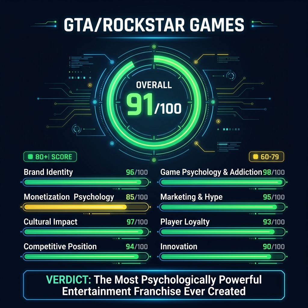 GTA Rockstar Games psychology scorecard showing overall score of 91/100 with detailed category breakdowns