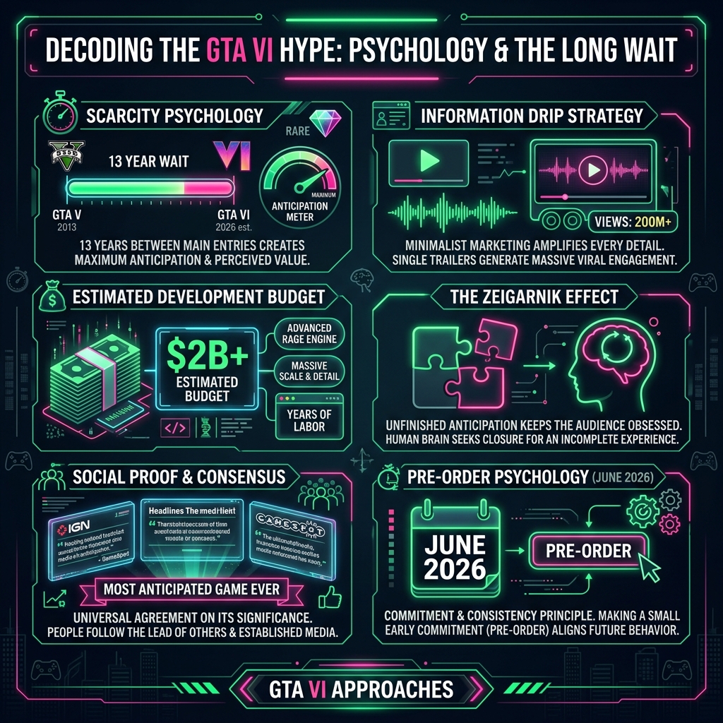 GTA VI hype psychology analysis showing the Zeigarnik Effect, information scarcity strategy, $2B development budget, and pre-order psychology