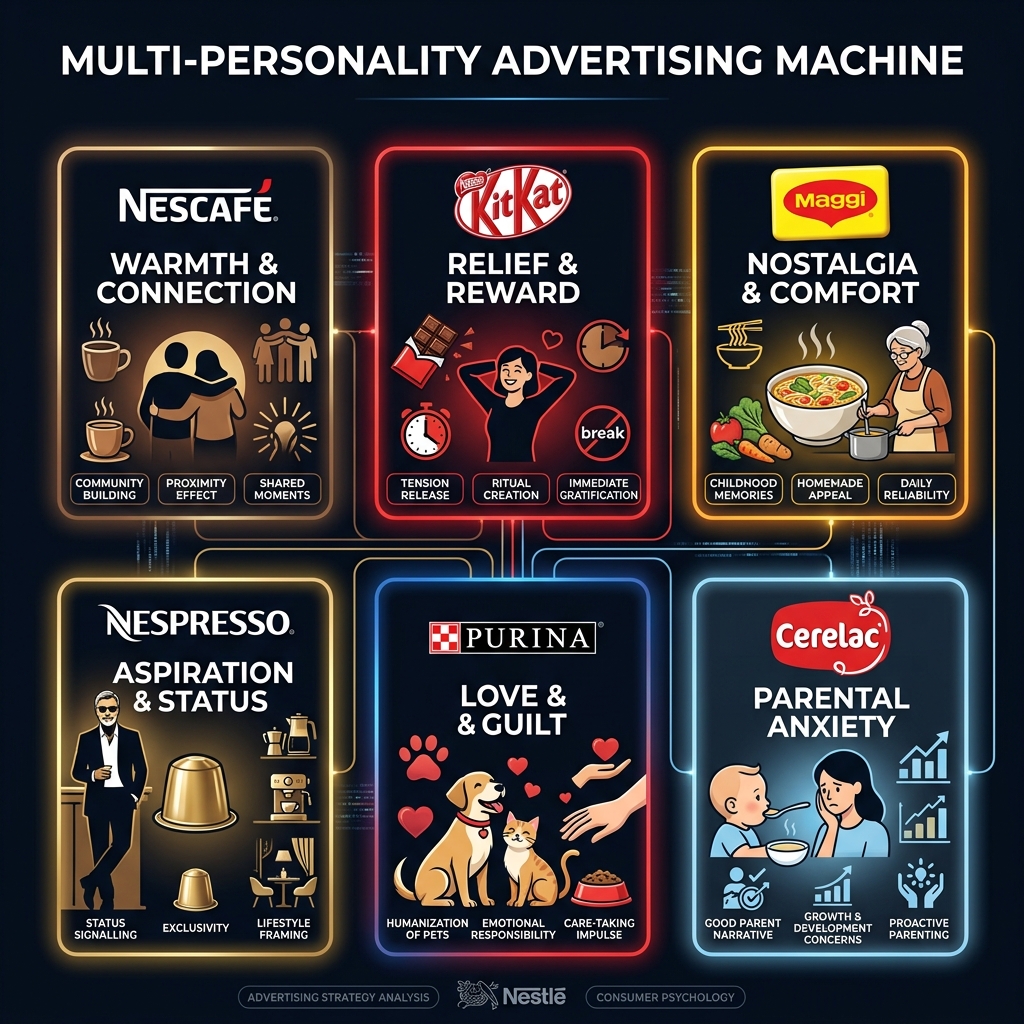 Analysis of Nestlé advertising psychology showing emotional persuasion techniques across campaigns