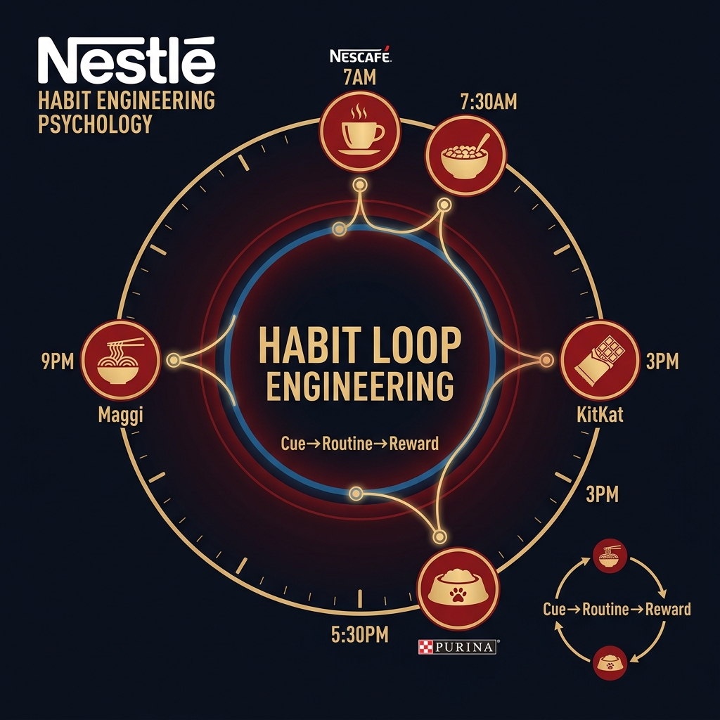Nestlé habit engineering analysis showing how products like Nescafé, Maggi, and KitKat create behavioral loops