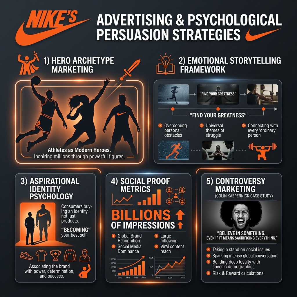 Nike advertising psychology analysis showing hero archetype marketing, athlete endorsements, and emotional storytelling framework