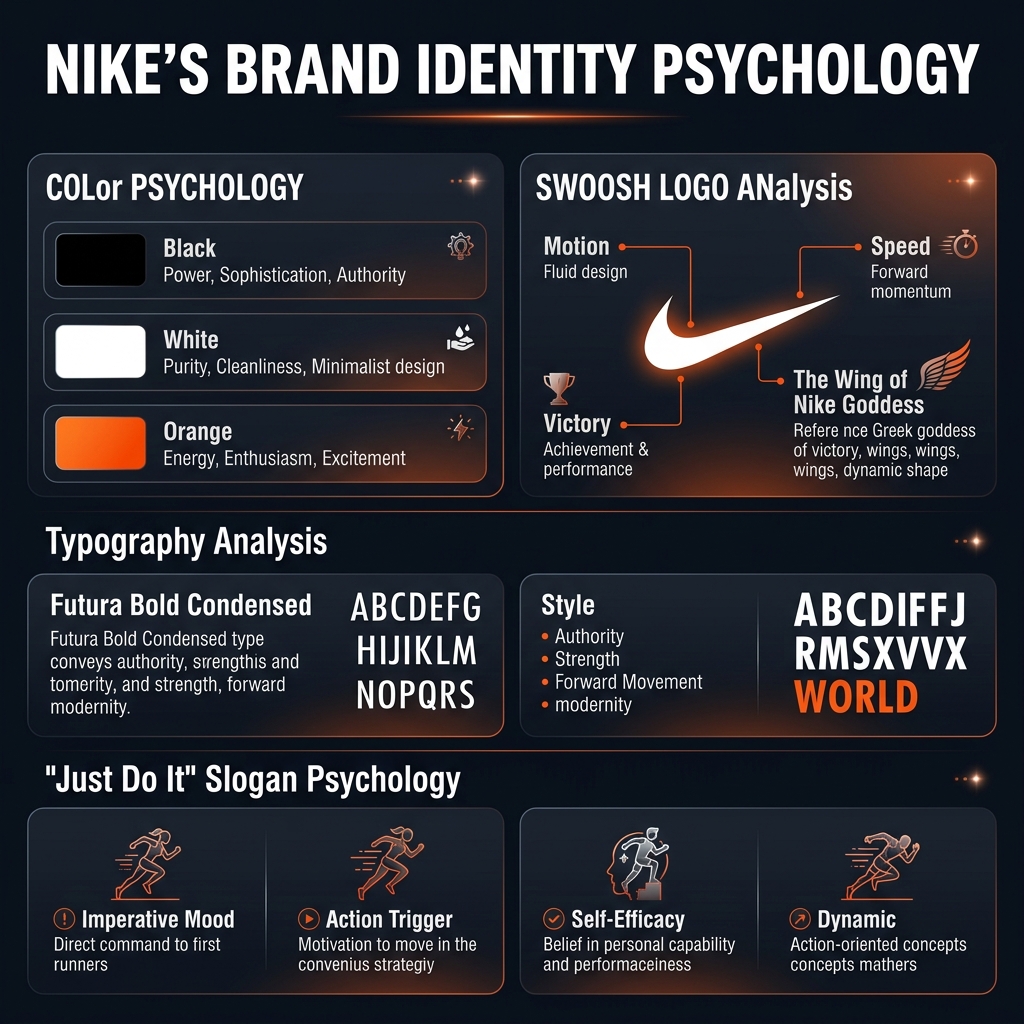 Nike brand identity psychology analysis showing Swoosh logo psychology, color theory, typography, and Just Do It slogan analysis