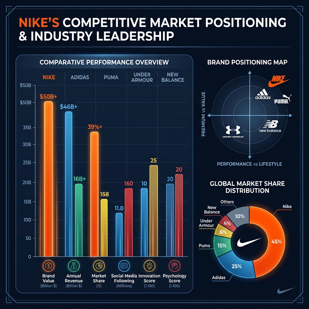 Nike competitive positioning analysis showing market share comparison against Adidas, Puma, Under Armour, and New Balance