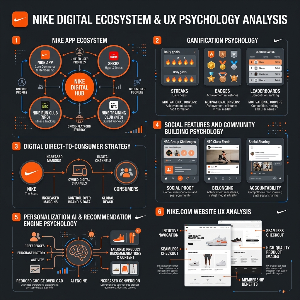 Nike digital ecosystem analysis showing Nike App, SNKRS, Nike Run Club, Nike Training Club interconnection and gamification psychology