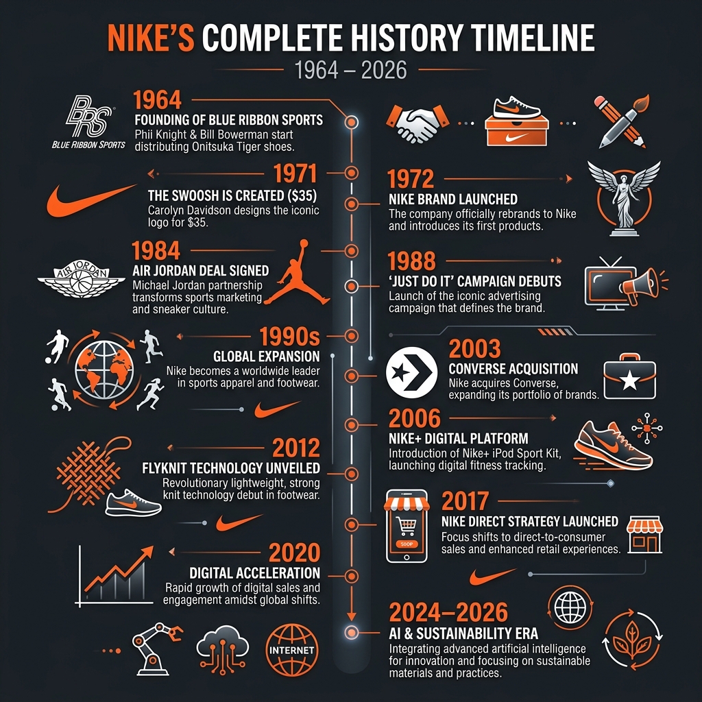 Nike complete history timeline from 1964 to 2026 showing key milestones, product launches, and brand evolution