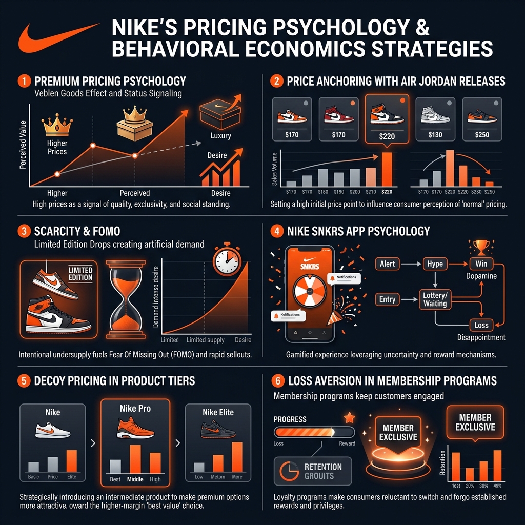 Nike pricing psychology infographic showing Veblen goods effect, scarcity marketing, SNKRS app lottery psychology, and price anchoring strategies