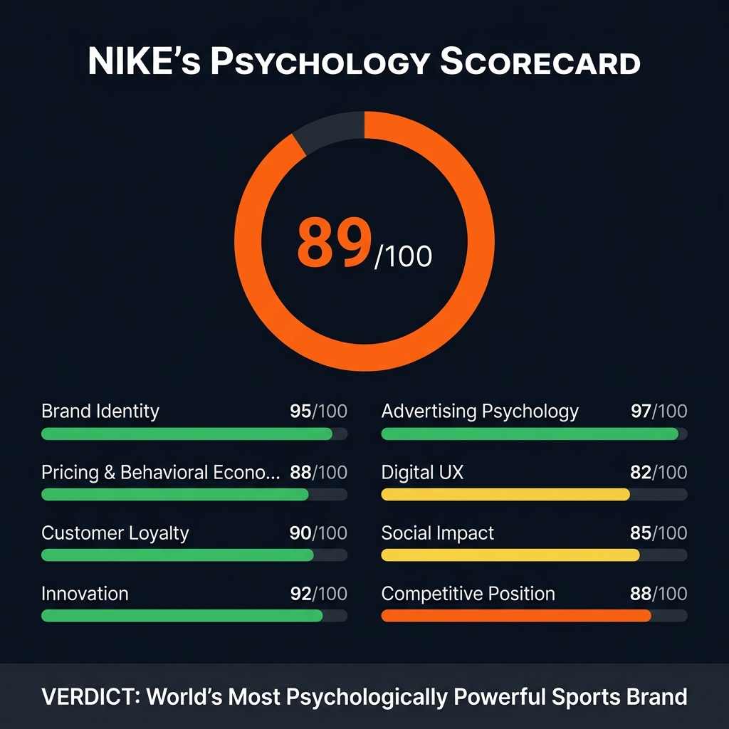 Nike psychology scorecard showing overall score of 89/100 with individual category scores for brand identity, advertising, pricing, digital UX, loyalty, social impact, innovation, and competitive position
