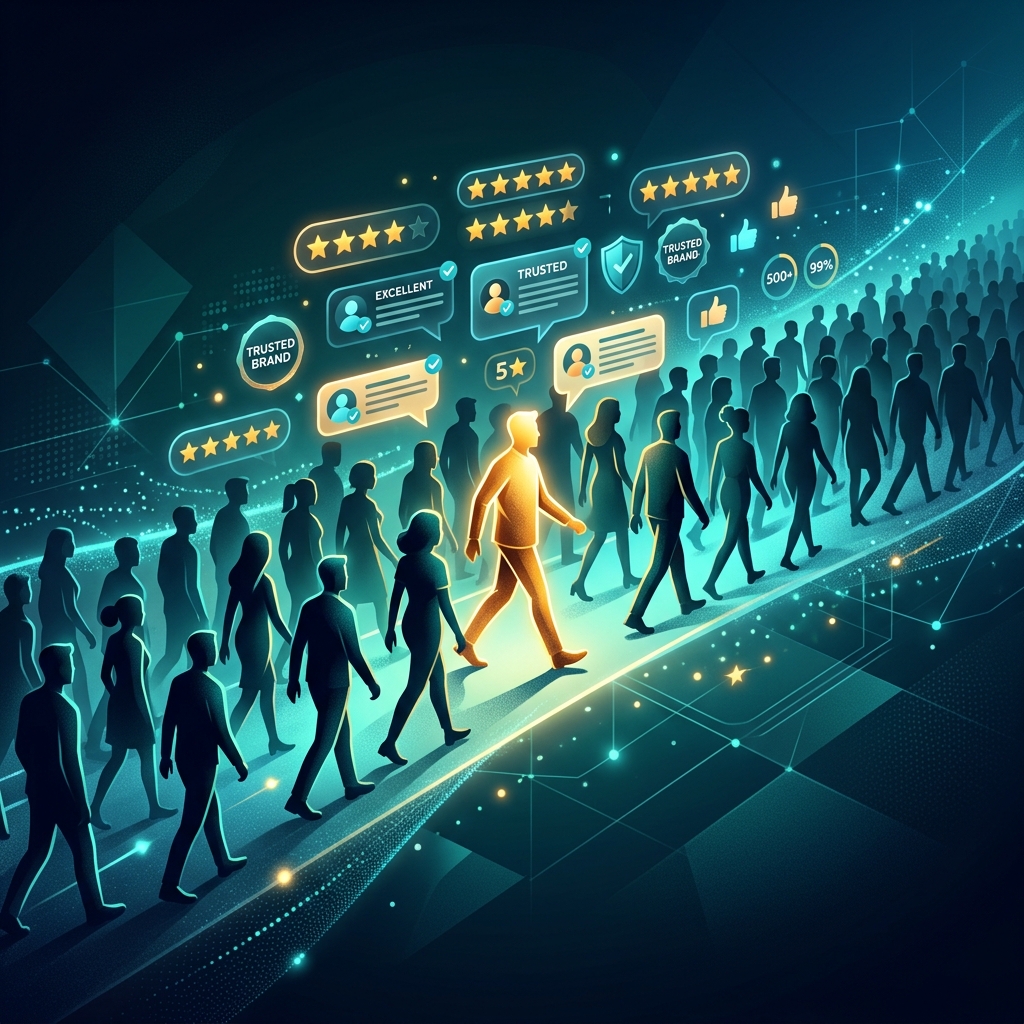 Social proof concept showing how crowd behavior and reviews influence consumer purchasing decisions