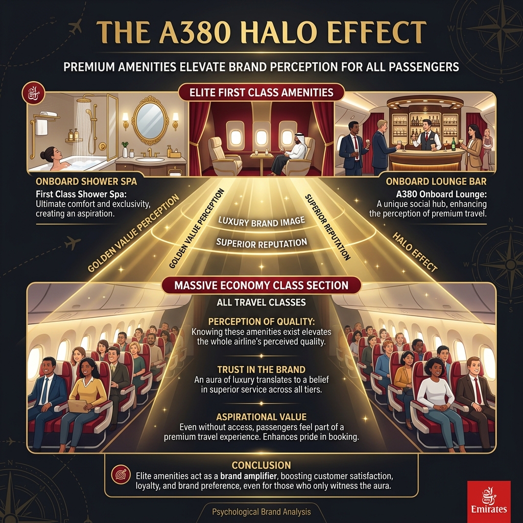 Emirates A380 shower spa explained through costly signaling psychology serving 14 passengers but marketing to millions