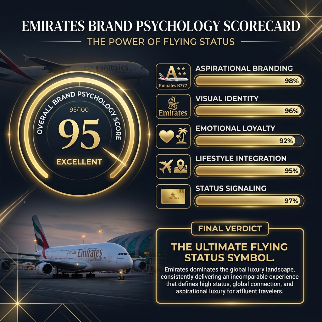 Emirates psychology scorecard showing overall score of 90 out of 100 across eight dimensions