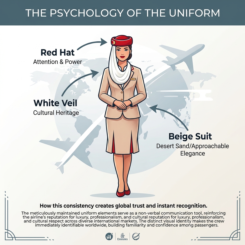 Visual identity psychology of the Emirates Cabin Crew uniform featuring the red hat and white veil