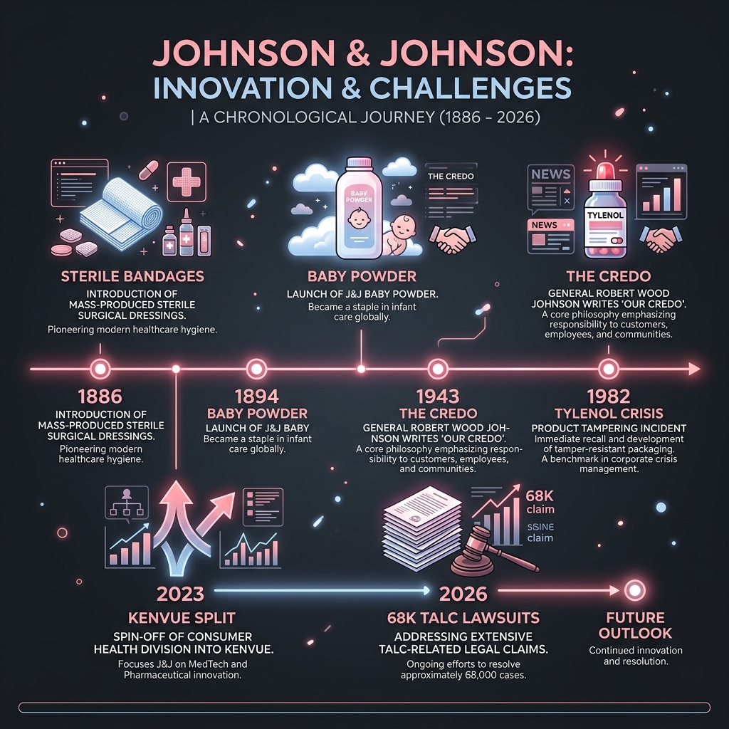 Johnson and Johnson history timeline from 1886 sterile surgical dressings to the 2026 talc litigation crisis