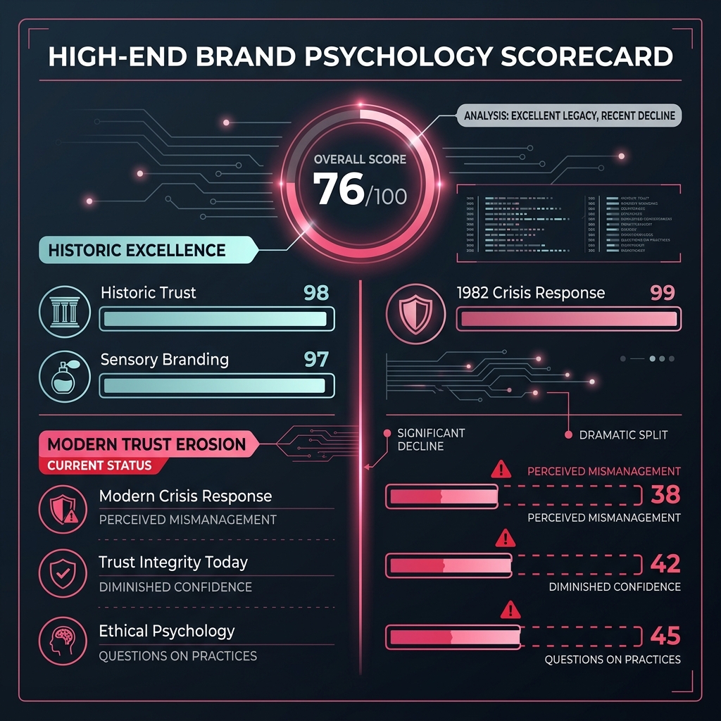 Johnson and Johnson psychology scorecard showing 76 out of 100 with elite brand assets and severe trust damage
