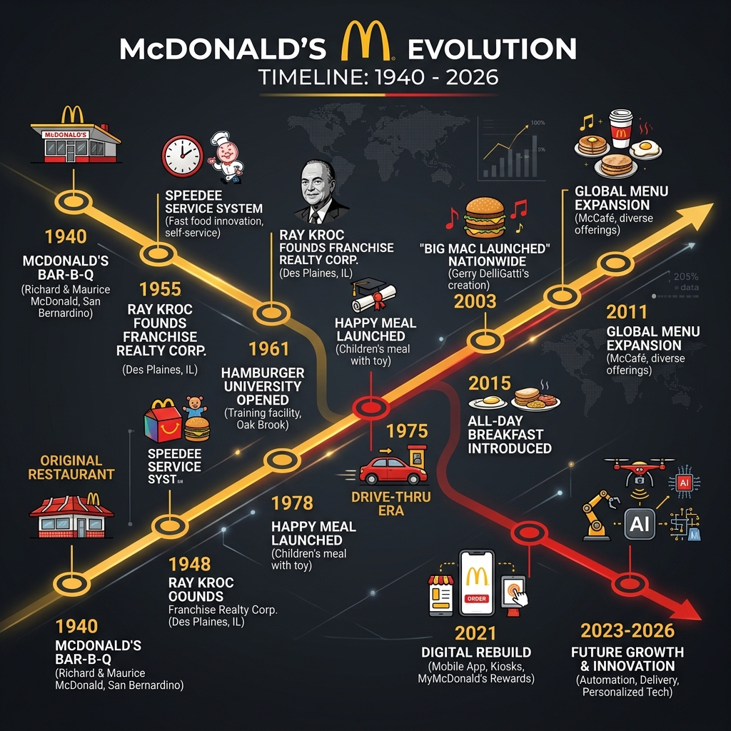 McDonald's history timeline from 1940 San Bernardino burger stand to global psychology machine in 2026