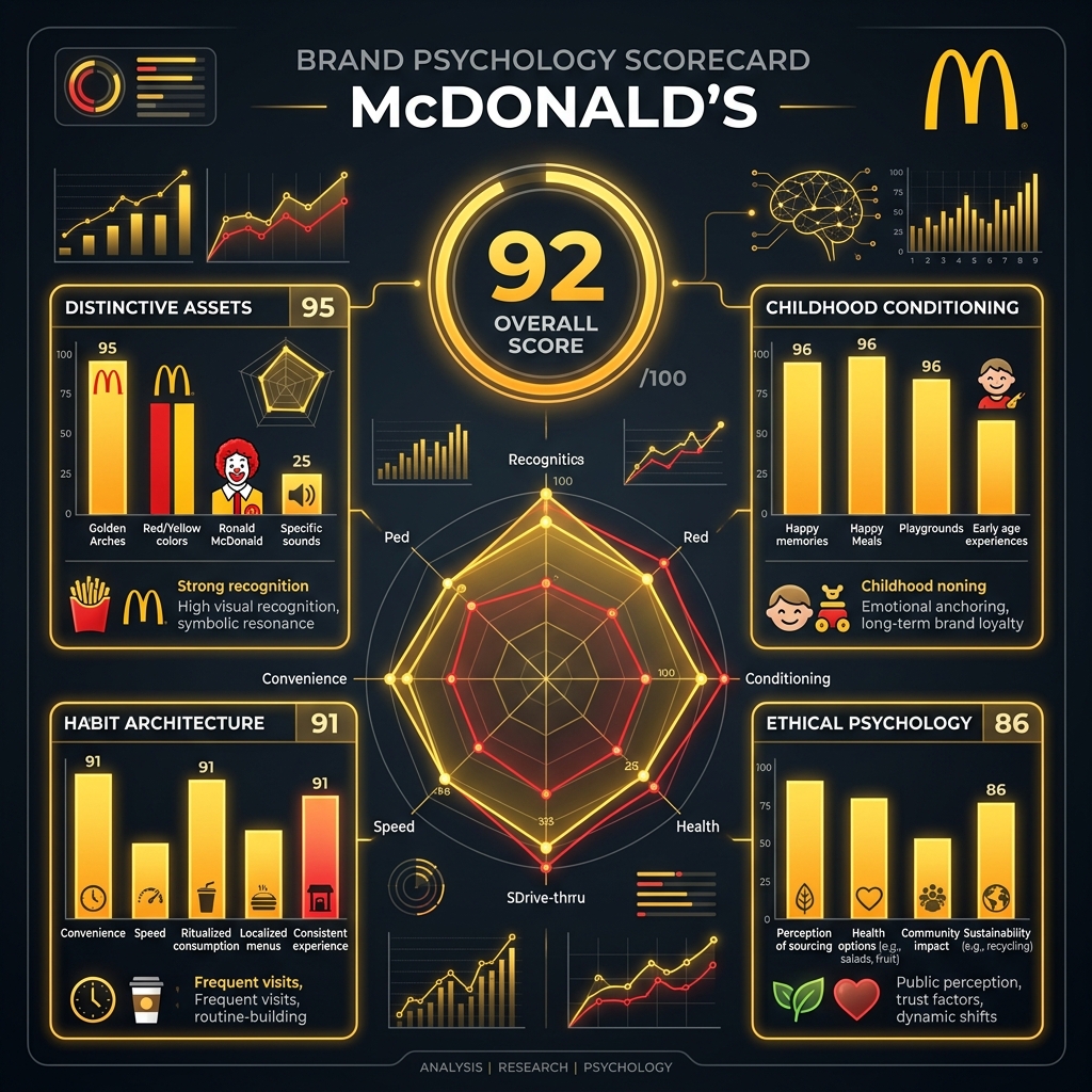 McDonald's psychology scorecard showing 92 out of 100 overall with low ethics rating