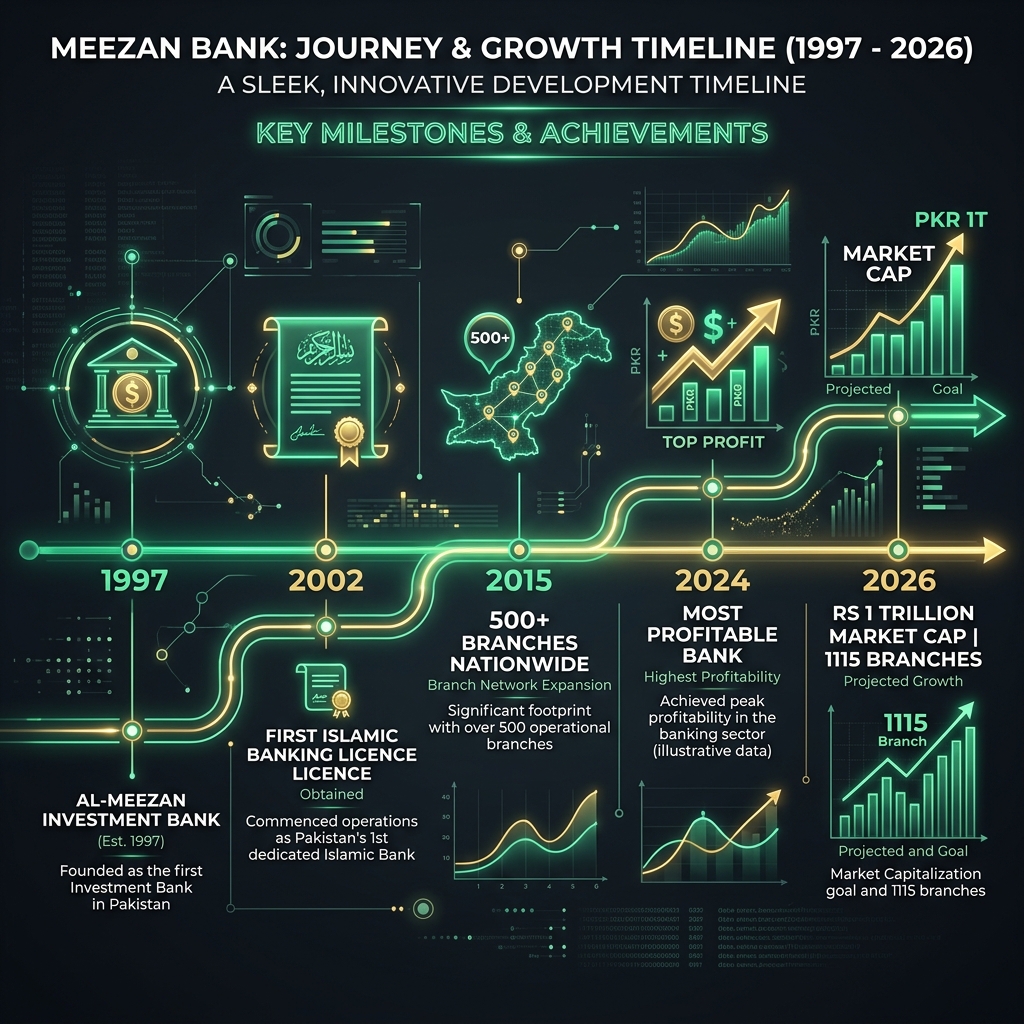 Meezan Bank timeline from 1997 investment bank to Pakistan's most profitable bank and first Islamic bank at Rs 1 trillion market cap