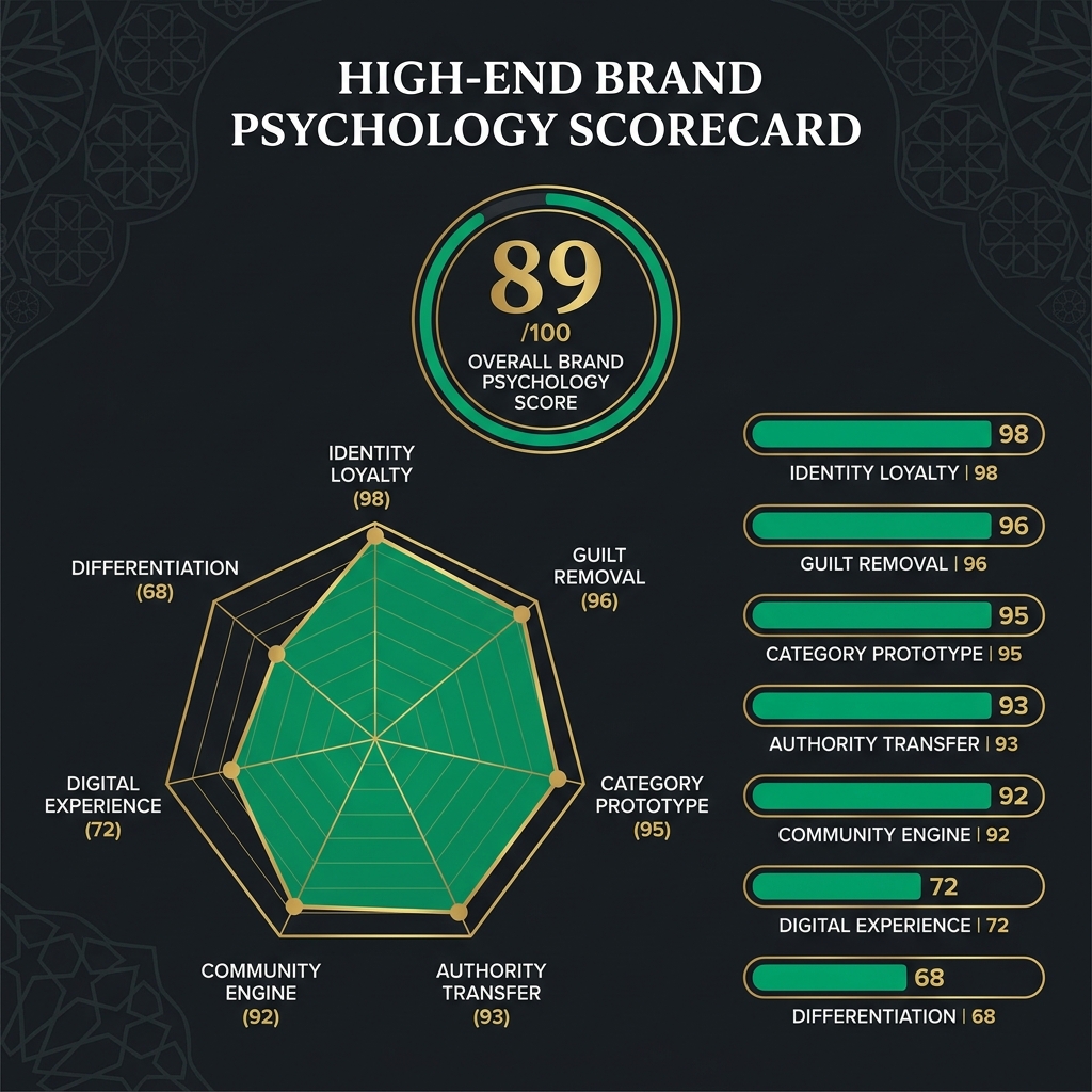 Meezan Bank psychology scorecard showing 89 out of 100 with elite identity loyalty and category prototype scores