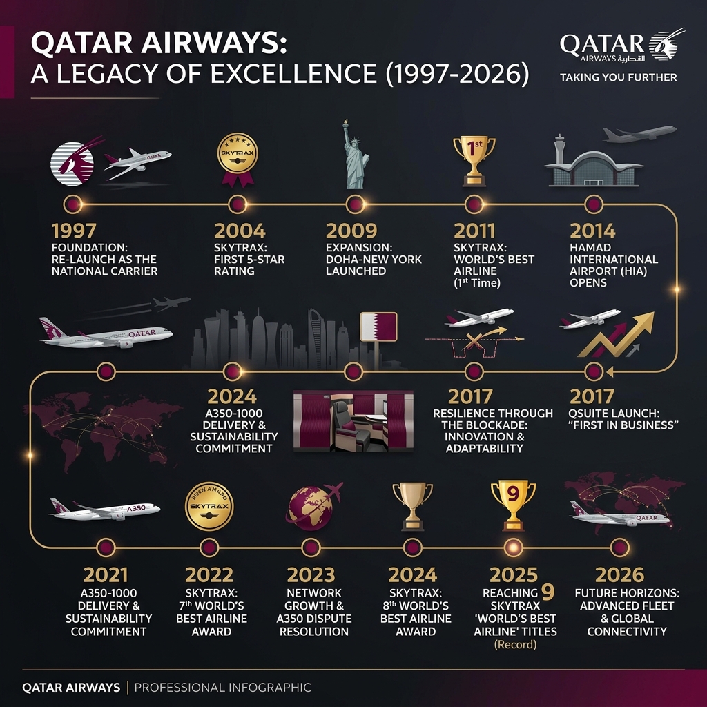 Qatar Airways history timeline from the 1997 relaunch through the blockade to nine Skytrax titles and record 2026 profits