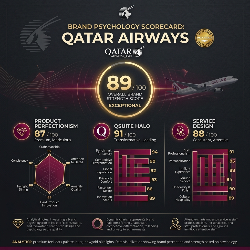 Qatar Airways psychology scorecard showing overall score of 89 out of 100 across eight dimensions
