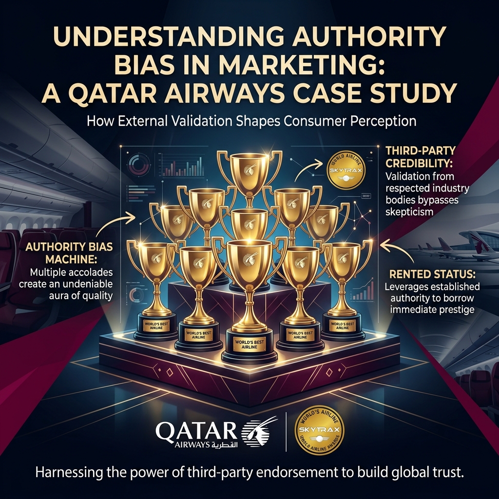 Qatar Airways nine Skytrax World's Best Airline titles visualized as an authority bias marketing machine