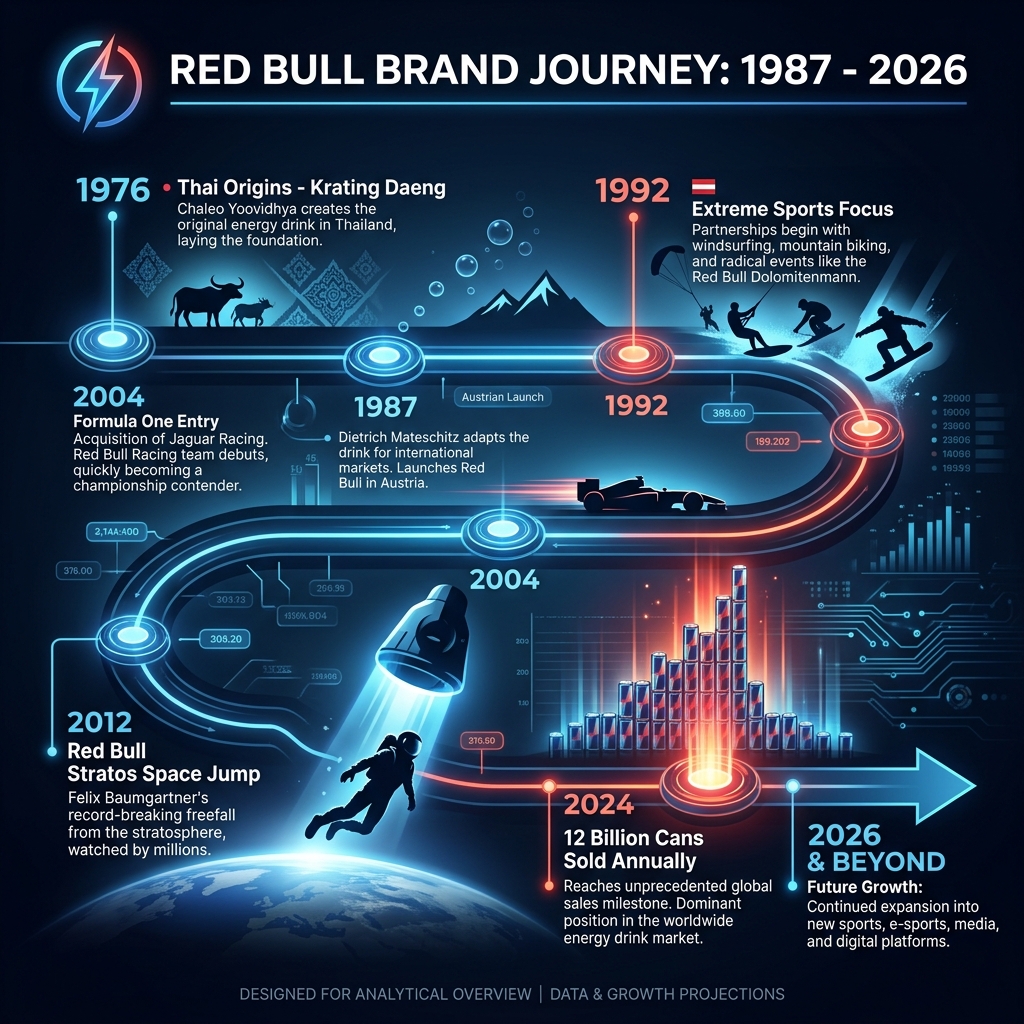 Red Bull history timeline from 1987 Austrian launch through extreme sports empire to 2026 global dominance