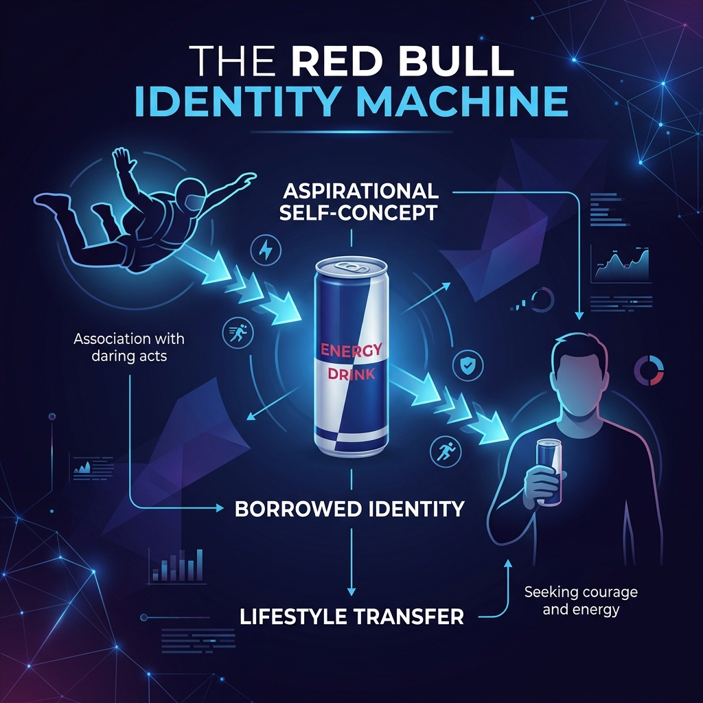 Red Bull identity psychology showing how extreme sports association transfers adventurous identity to the can holder