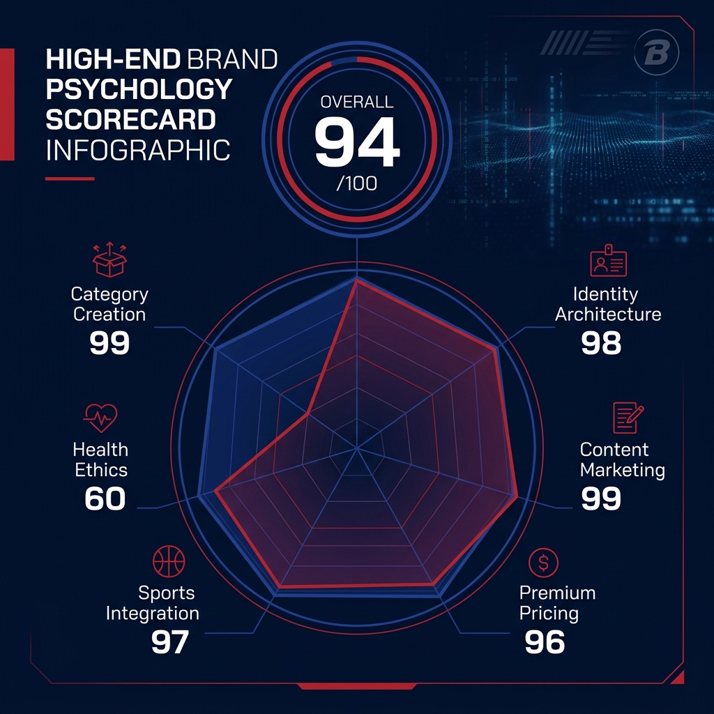 Red Bull psychology scorecard showing 94 out of 100 overall with elite category creation and identity marketing scores