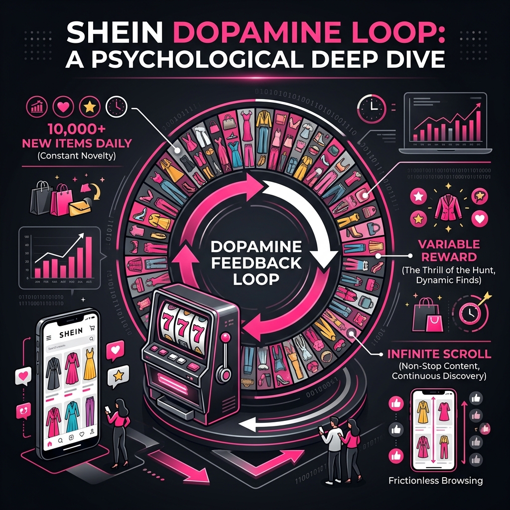 The Shein dopamine loop showing thousands of daily new products feeding a variable reward novelty cycle