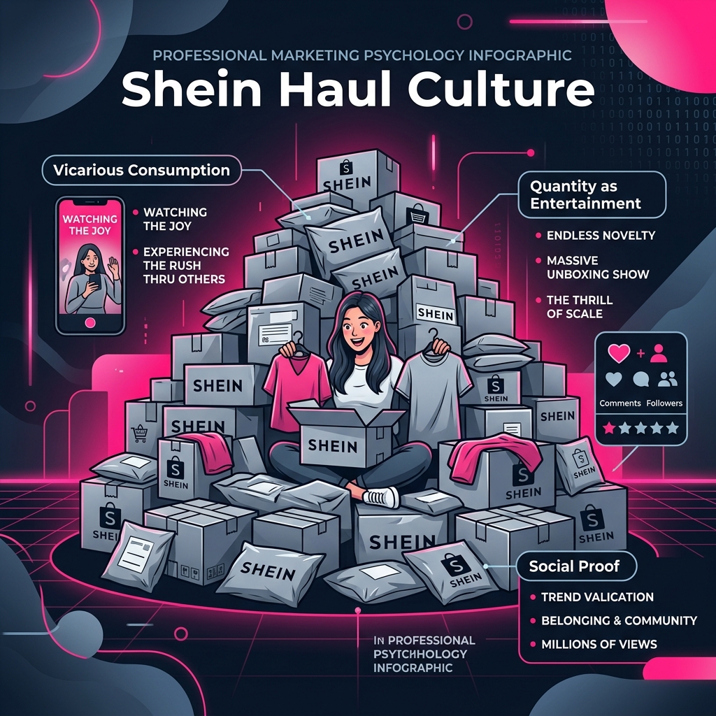 Shein haul culture psychology showing TikTok unboxing videos converting quantity into entertainment and social proof