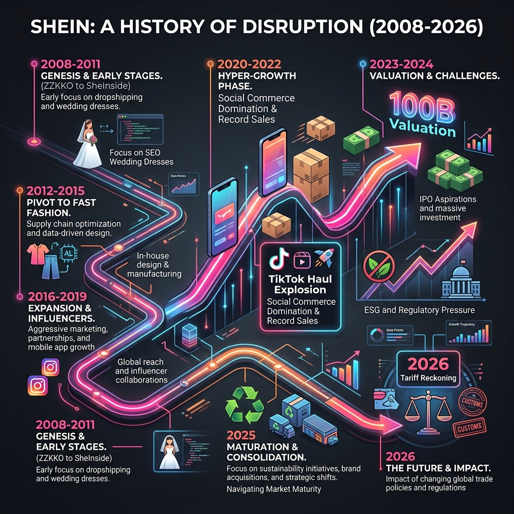 Shein history timeline from SheInside wedding dresses in 2008 to global fast fashion dominance and the 2026 tariff reckoning