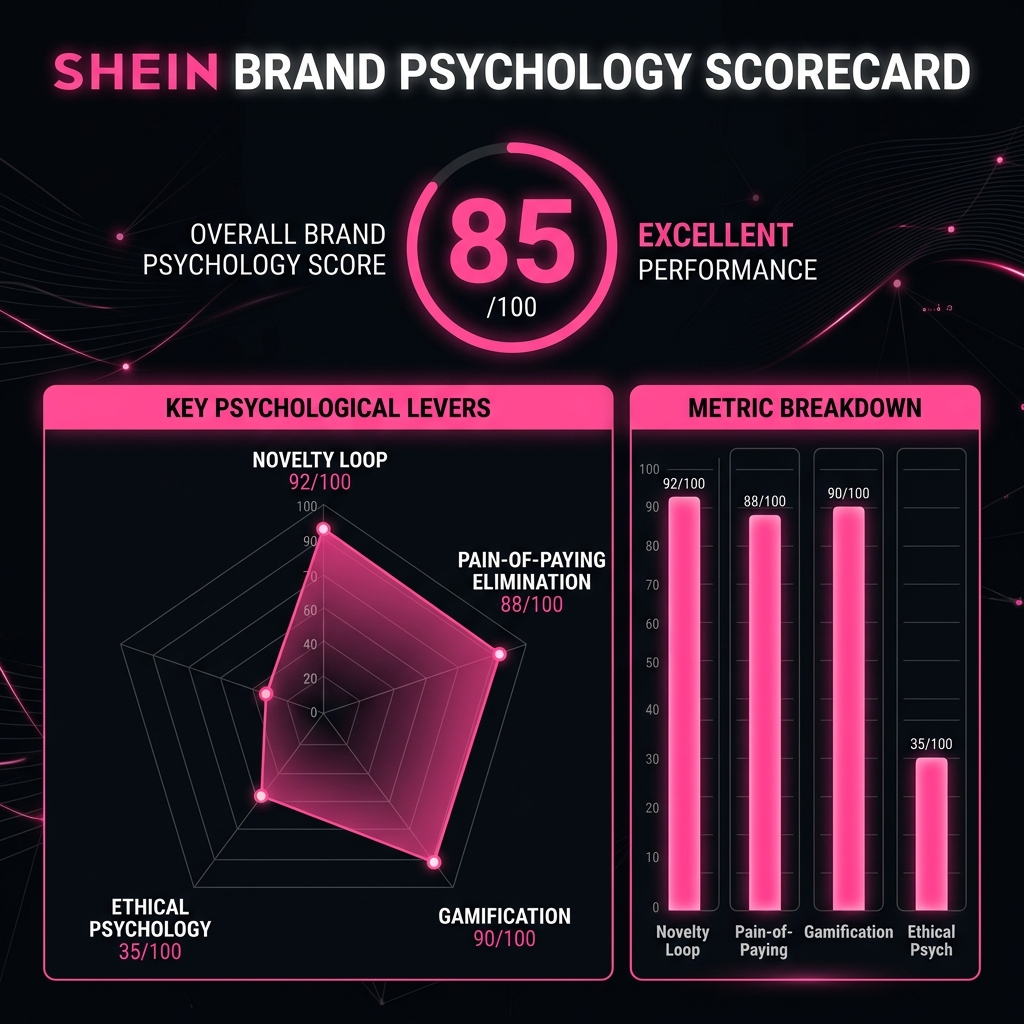 Shein psychology scorecard showing overall score of 85 out of 100 with elite compulsion mechanics and low ethics scores
