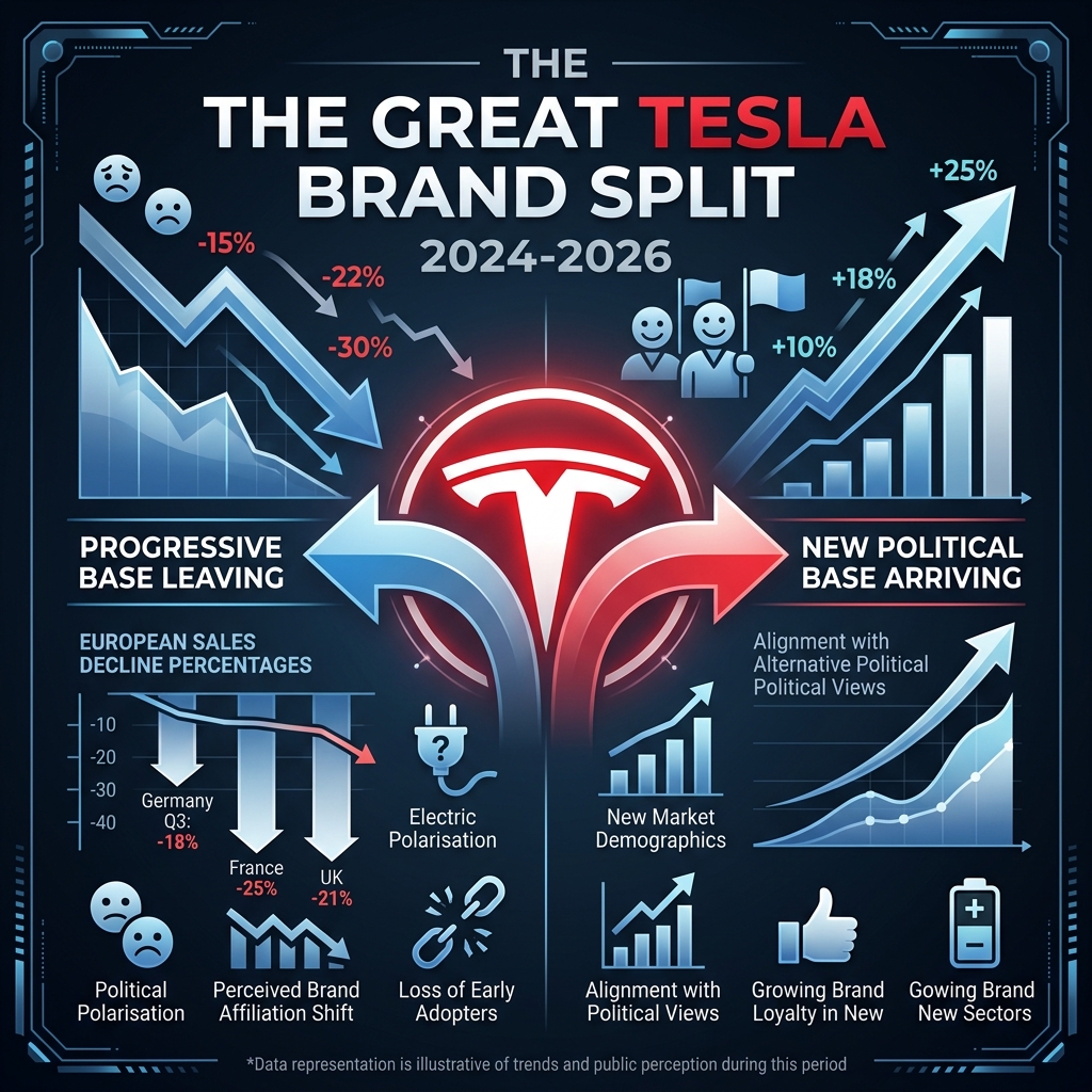 Tesla brand split showing progressive base leaving and conservative base arriving, with data on European sales collapse and boycott movement