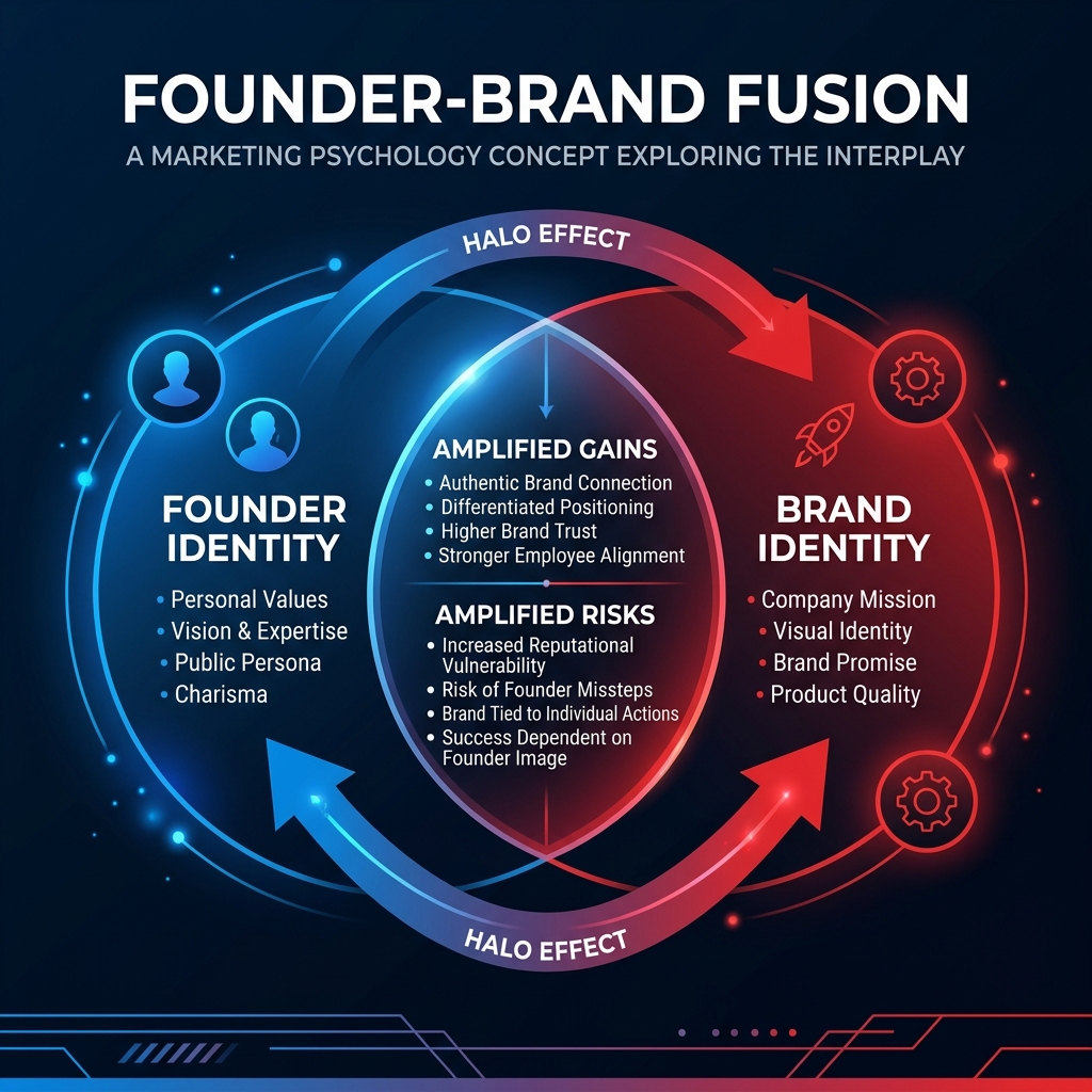 Tesla founder-brand fusion diagram showing Elon Musk's identity merged with Tesla corporate brand creating amplified gains and amplified risks