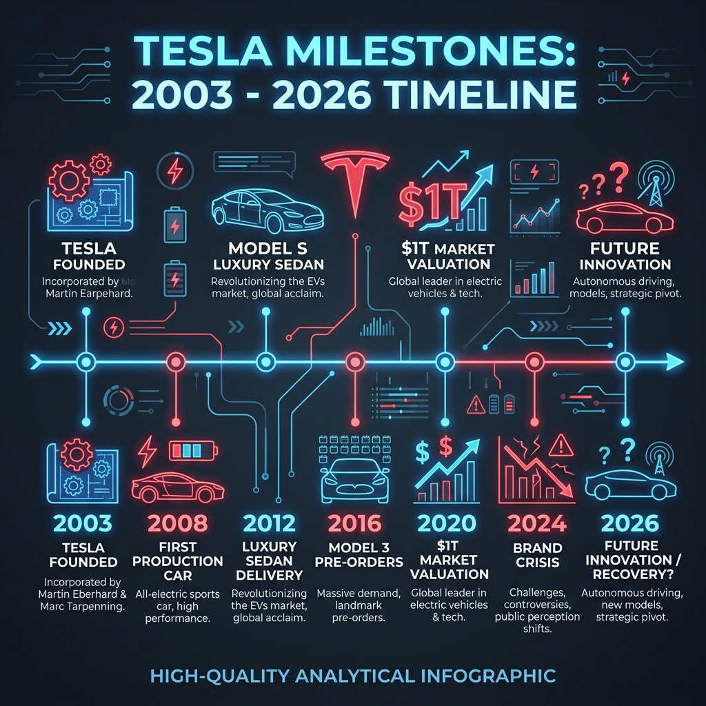 Tesla history timeline from 2003 founding through Roadster, Model S, Model 3, Cybertruck to the 2026 brand crisis